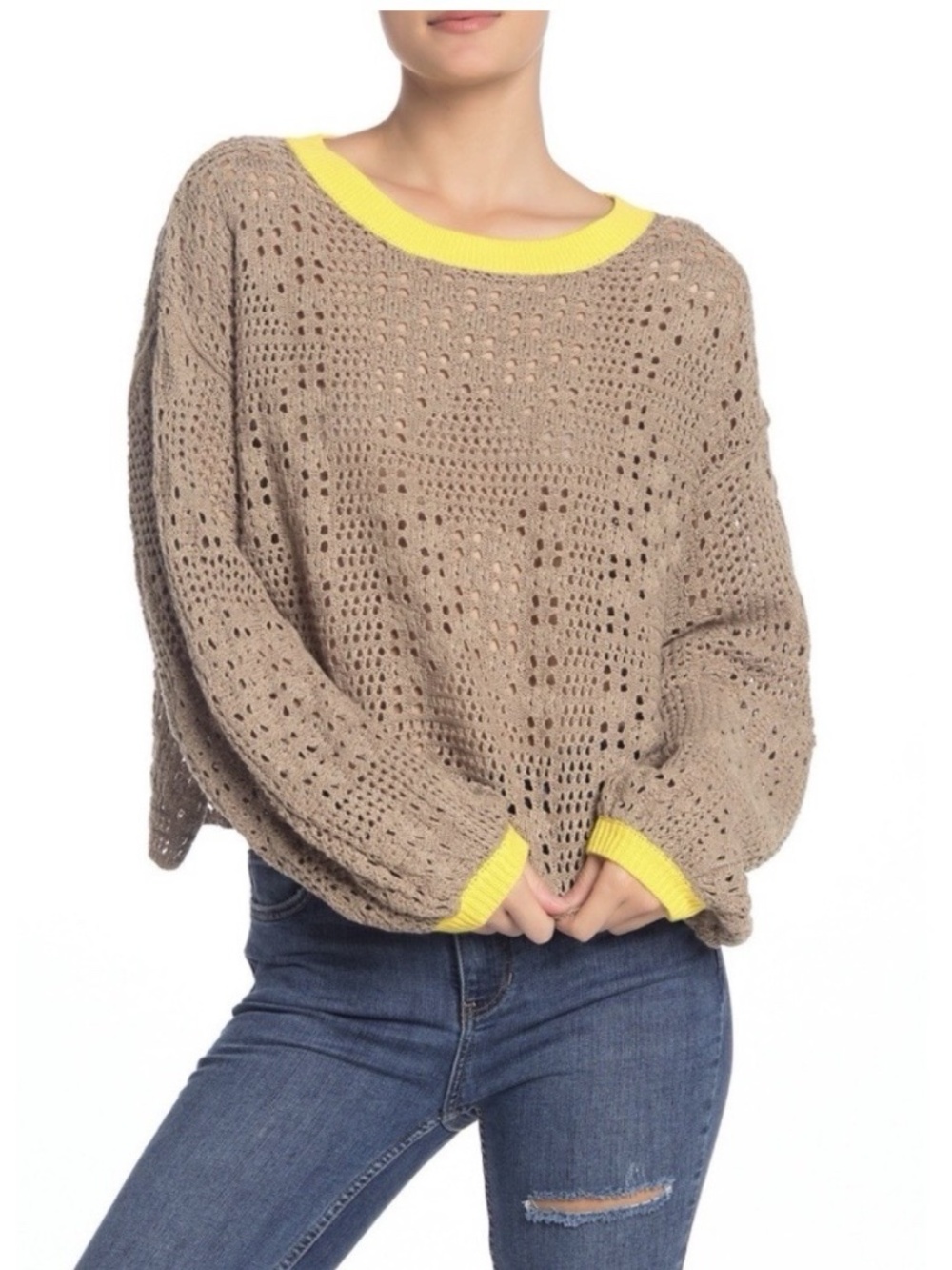 Free People Size S Home Run Tan Yellow Trim Open Knit Crop Sweater Top Oversized